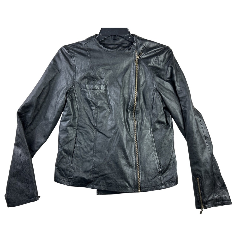 Black Leather Moto Jacket Womens M Asymmetrical Zip Biker Motorcycle Punk Goth